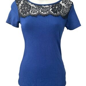 Chic Blue Top with Black Lace Detail